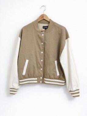 Steve Madden Alexandra Varsity Bomber Jacket Tan Cream Size Large Neutral Street